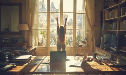 Poster - A woman standing in front of a window with her arms up. AI.