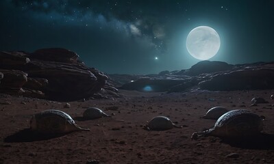 Wall Mural - majestic alien creatures grazing on a distant planet under the light of multiple moons and stars.