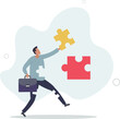 © Oleg - Finding jigsaw piece to complete work, career or success business, search for new idea to solve self problem, challenge or inspiration concept.flat design.illustration with people.