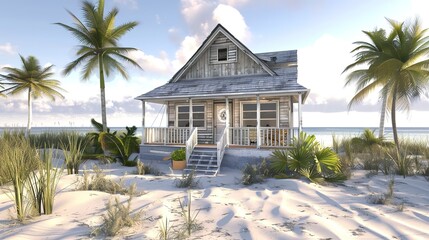 design a small, charming beach house on a sandy beach.