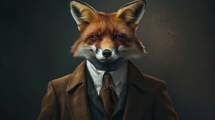 Poster - Fox dressed in an elegant and modern suit with a nice tie. Fashion portrait of an anthropomorphic animal, shooted in a charismatic human attitude