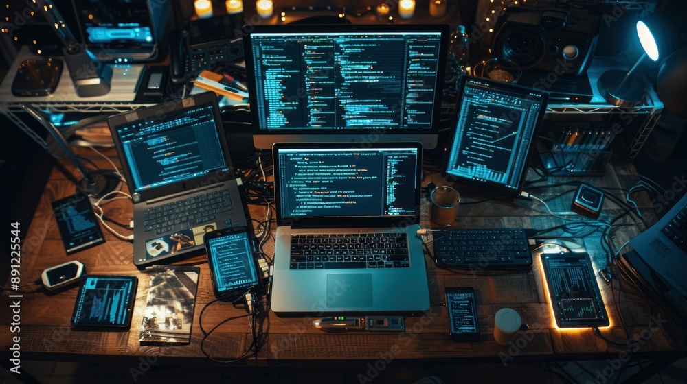 An overhead shot of a laptop, tablet, and smartphone all displaying ...