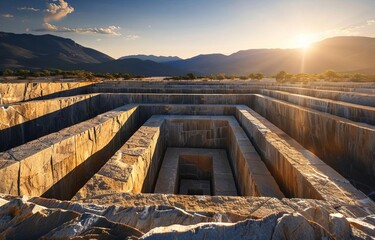 A stunning view of a stone quarry at sunset, showcasing intricate stone cuts and rugged landscapes, perfect for nature enthusiasts.