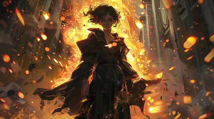 Poster - full body shot, anime, manga, pyromancer, dramatic lighting, golden ratio, portrait, cinematic