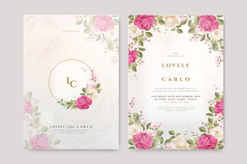 Wall Mural - roses flowers with golden line wedding invitation card with creamy color background