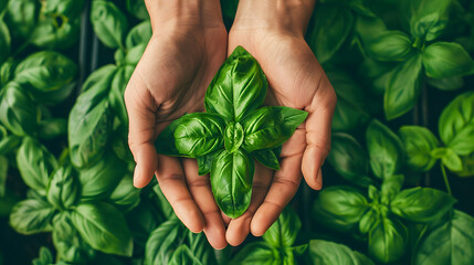 Close-up of hands gently holding fresh basil leaves against a background of basil plants. Ideal for themes related to gardening, cooking, and organic produce.