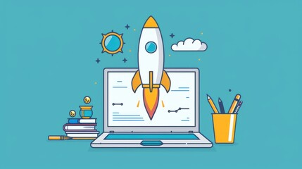 Poster - Laptop on a desk with a rocket taking off, representing business development and marketing growth. Innovative project launch