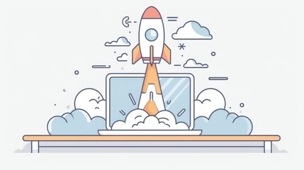 Poster - Laptop on a desk with a rocket taking off, representing business development and marketing growth. Innovative project launch