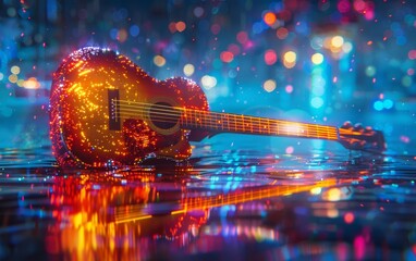 Wall Mural - Acoustic Guitar with Glowing Bokeh Lights Background