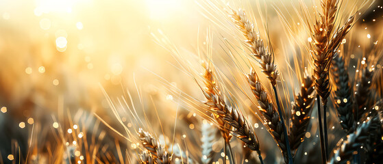 Wall Mural - Harvest festival concept. Fall mockup with golden dry wheat, grain, herb. Lammas day composition. Autumn banner with copy space. Generative ai	