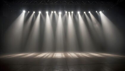 Wall Mural - A dimly lit stage with multiple beams of light shining down from above, creating a dramatic atmosphere. The floor is smooth and reflective, with shadows cast by the lights. The background is dark