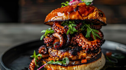 Close-up of a gourmet burger featuring grilled octopus tentacles, fresh herbs, and a glossy bun, served on a black plate in a stylish, dimly lit restaurant setting.