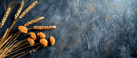 Wall Mural - Harvest festival concept. Fall mockup with golden dry wheat, grain, herbs on dark, textured background. Lammas day composition. Autumn Layout with copy space. Generative a