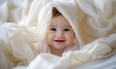 a close-up of a happy baby under a white blanket, copy space, generative ai.