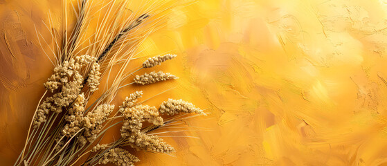 Wall Mural - Harvest festival concept. Fall mockup with golden dry wheat, grain, herbs on yellow background. Lammas day composition. Autumn Layout with copy space. Generative ai	