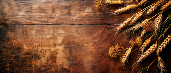 Wall Mural - Harvest festival concept. Fall mockup with golden dry wheat, grain, herbs on textured background. Lammas day composition. Autumn Layout with copy space. Generative ai	