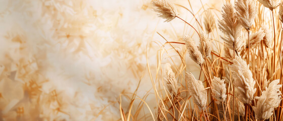 Wall Mural - Harvest festival concept. Fall mockup with golden dry wheat, grain, herbs on textured background. Lammas day composition. Autumn Layout with copy space. Generative ai