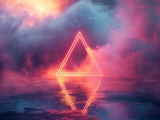 Wall Mural - Neon Triangle Glowing in Colorful Smoke with Water Reflection