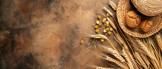 Wall Mural - Harvest festival concept. Fall mockup with golden dry wheat, grain, herbs on textured background. Lammas day composition. Autumn Layout with copy space. Generative ai	