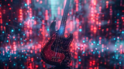 Wall Mural - Electric Bass Guitar with Glowing Neon Effect