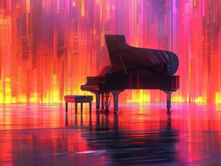 Wall Mural - Grand Piano on Stage with Neon Lights