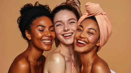 Poster - Three women are smiling and hugging each other