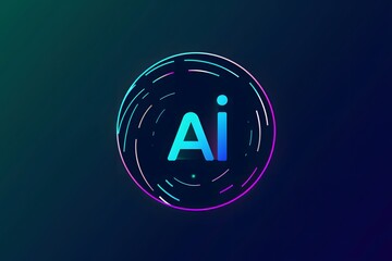 Wall Mural - Colorful AI logo in a futuristic circular design over a dark background.