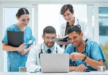 Aufkleber - Happy, teamwork and doctors in meeting on laptop for medical diagnosis, research or internet. Writing notes, clinic and people on technology for collaboration, online consulting or healthcare service