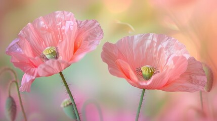 Macro shot of two pink poppy flowers