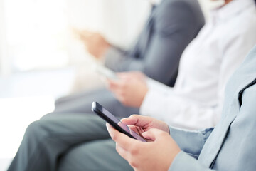 Poster - Smartphone, waiting and business people with technology, hands and typing with internet, texting and digital app. Closeup, employees or consultant with tablet, cellphone or message with communication