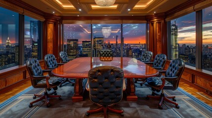 A luxurious boardroom with a polished mahogany table, high-end leather chairs, and a stunning view of the city skyline. The room exudes professionalism and elegance.