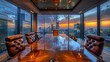 © kanesuan - A luxurious boardroom with a polished wooden table, high-end leather chairs, and a stunning view of the city. The room exudes professionalism and sophistication.