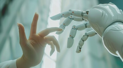 Sticker - A robot and human hand about to touch, in connection together, teamwork and partnership, cooperation with artificial intelligence and machine learning, tech innovation and progress in cyber research