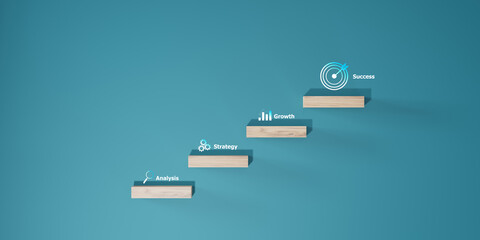 Wall Mural - woods block step on table with icon action plan, goal and target, success and business target concep