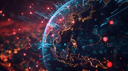 Poster - Abstract digital Earth globe with South East Asia map, concept of global network and connectivity, data transfer and cyber technology, information exchange and telecommunication, power flow