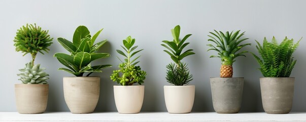 A row of various potted succulent plants on a neutral background, perfect for indoor decoration and adding greenery to any space.