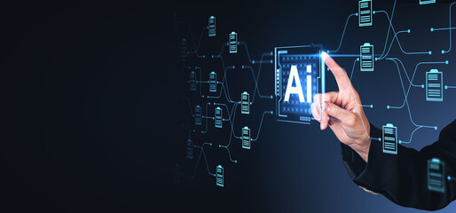Poster - businessman interacting with ai technology on dark background.