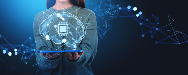 Fototapete - Woman holding tablet with digital brain and microchip hologram o