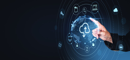 Poster - Man finger touch cloud service hologram and global data backup. Copy space