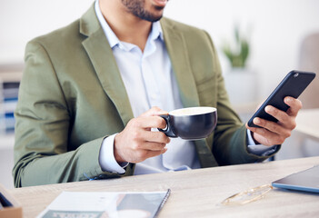 Poster - Coffee cup, phone and hand of man in office checking email, online chat or business schedule. Advisor, consultant or businessman with drink, smartphone and scroll on mobile app for networking at desk