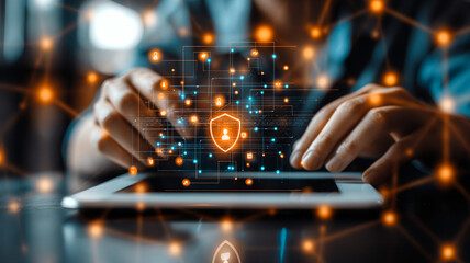 Aufkleber - A person is typing on a tablet with a security symbol on the screen. Concept of protecting sensitive information and the importance of cybersecurity. Generative ai illustration.