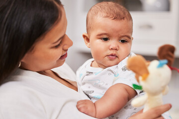 Poster - Woman, baby and bonding in nursery for growth, development and family home in playing with toy. Mother, happy and comfort with infant, smile or hug for support, love and wellness in health or nurture