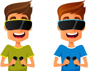 Wall Mural - funny cartoon illustration of young man using virtual reality glasses with controllers, playing VR game.