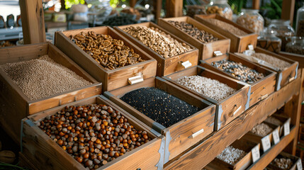 Organic market stall with nuts, seeds, and dried fruits in wooden containers