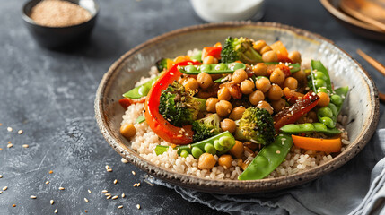 Roasted chickpea and vegetable stir-fry with broccoli, peppers, and snap peas