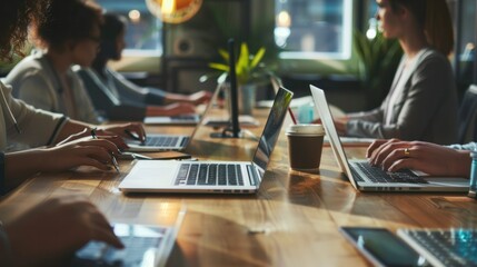 Wall Mural - A business team working on laptops in a clean, modern workspace