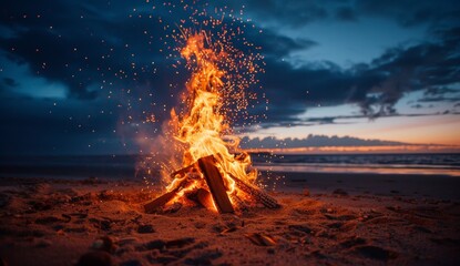 A campfire with sparks flying off of it at night. The flames create beautiful patterns in the air