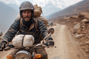 A motorcyclist focused on navigating through a rough and dusty terrain, carrying a heavy load, capturing the essence of adventure, determination, and rugged outdoor travel.