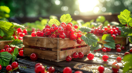 Wall Mural - Fresh red currants and green leaves in a wooden box against the backdrop of a sunny garden close-up. Berries for making jam, berry smoothie, fresh frozen berries, preparations for the winter, harvest