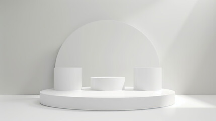 Wall Mural - 3d render of white podium with three vertical blocks on the round platform,